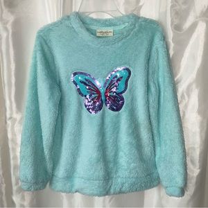 NWT Girls Fuzzy Teal Sequenced Butterfly Sweatshirt, ADORABLE, Soft, Comfy, Warm